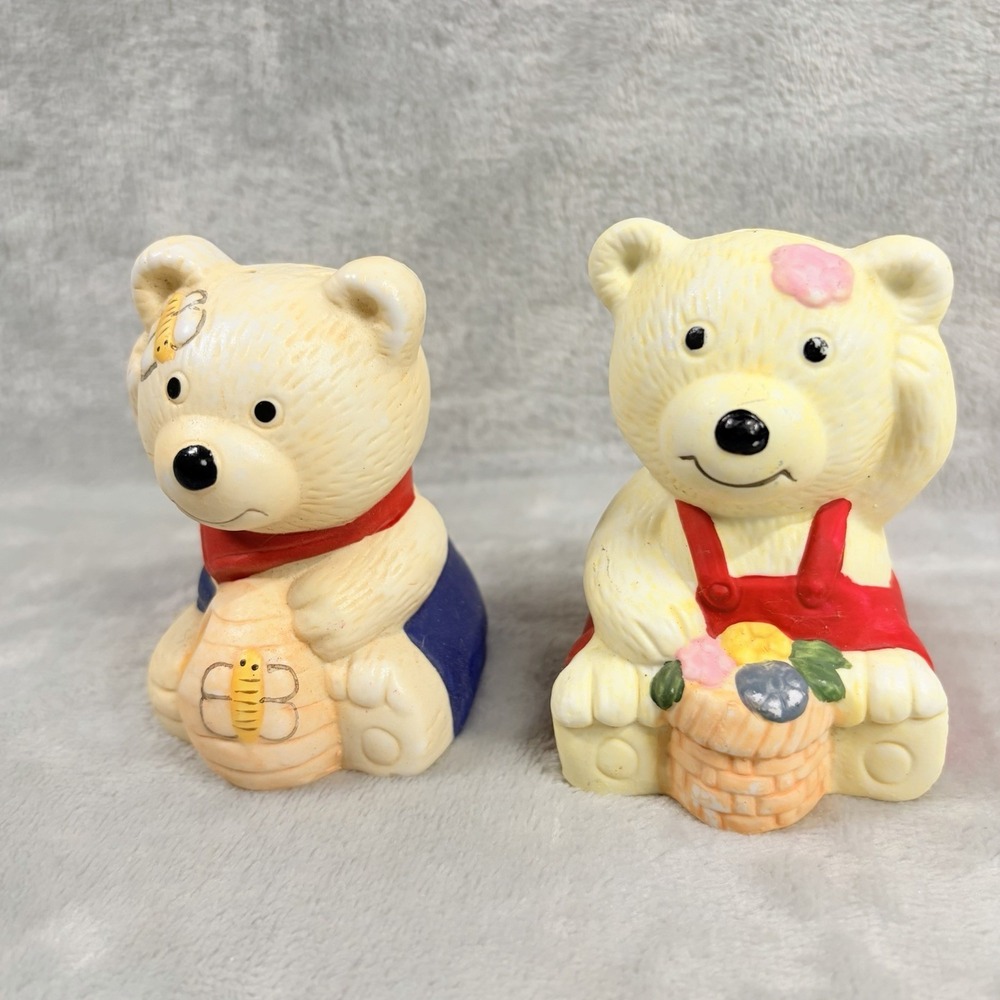 Vintage Teddy Bear Salt & Pepper Shakers Honey Bee, Flowers 3"
